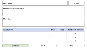 An example of a bet canvas action template with space to complete sections on action, discoveries, next steps and assumptions.