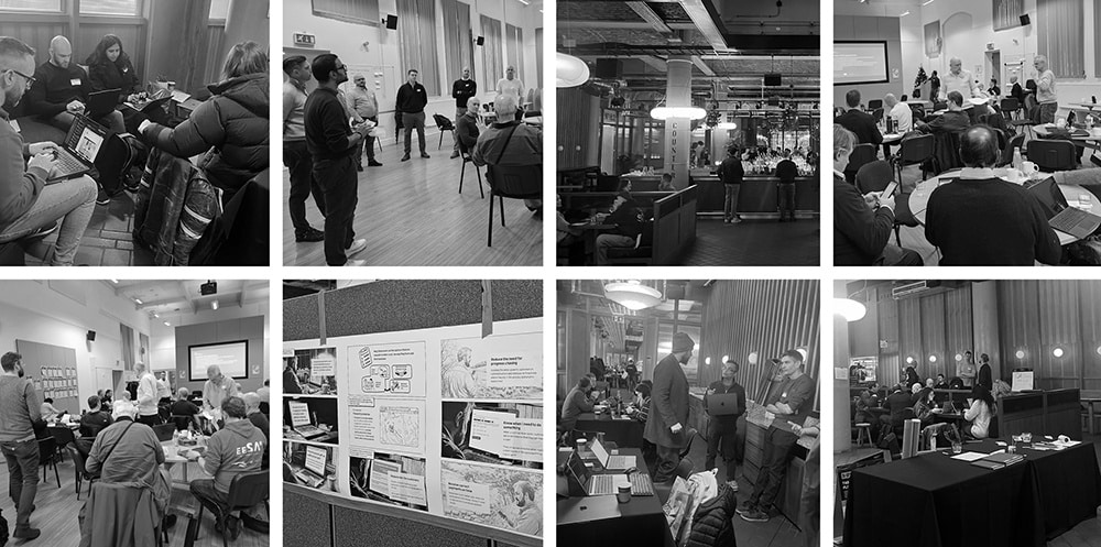 A collage of photographs from the Defra events including images of teamwork, stand-ups,  display display and coworking.